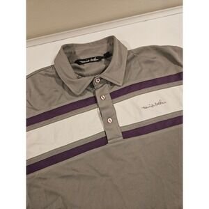 Travis Mathew Mens Golf Polo Shirt Large Gray Purple White Stripe Short Sleeve